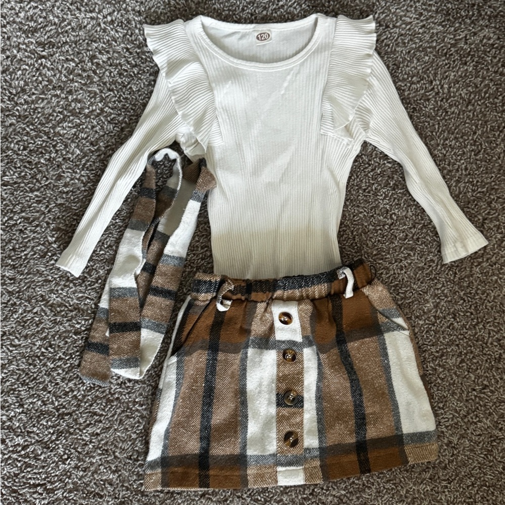 Cream Ruffle Long Sleeve Top with Brown Plaid Button Skirt Set